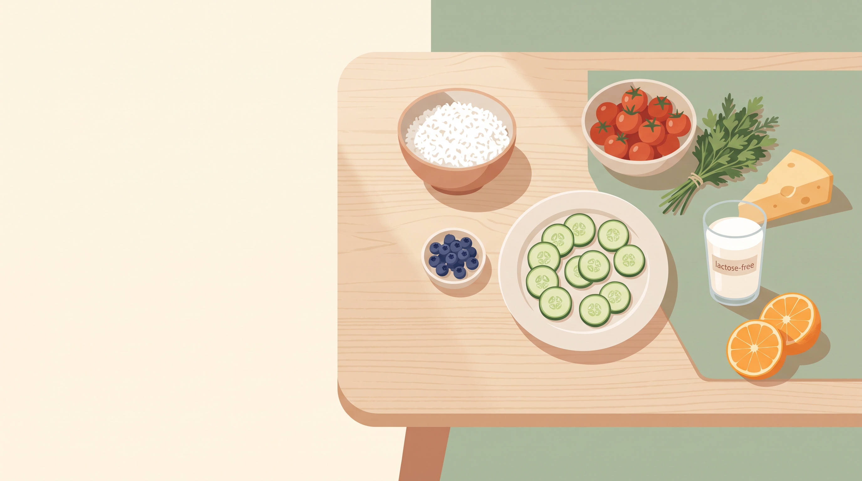 Ein gedeckter Tisch mit FODMAP-armen Lebensmitteln: Reis, Heidelbeeren, Gurke, Kirschtomaten, Kräuter, Hartkäse, laktosefreie Milch und Orangen.